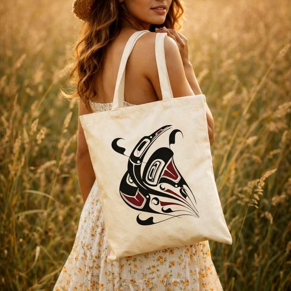 Northwest Coast Raven Totem Art Cotton Canvas Tote Indigenous Salish Style