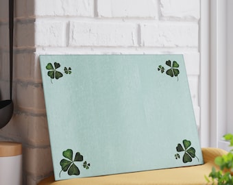 Tempered Glass Cutting Board with Shamrock Design; This Four Leaf Irish Good Luck Clover is perfect for St. Patricks Day, Housewarming party