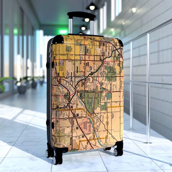 Vintage USA Road Map Suitcase: Retro Travel Trolley, Hard Shell