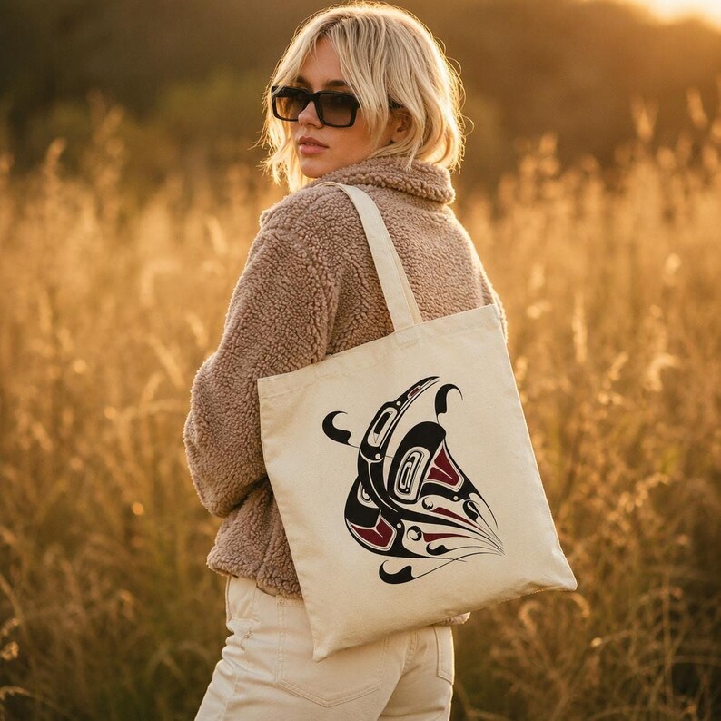 AI-generated lifestyle mockup of a natural cotton canvas tote bag with original Pacific Northwest Coast inspired raven formline artwork, worn over the shoulder by a blonde model in sunglasses and a cozy beige fleece jacket, standing in a golden field at sunset.