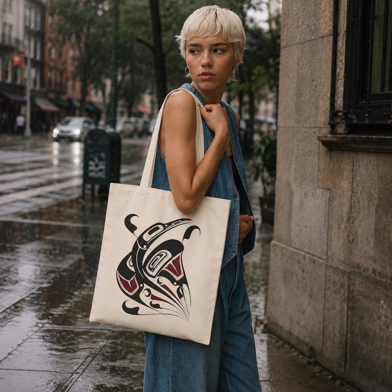 AI-generated lifestyle mockup of a natural cotton canvas tote bag with original Pacific Northwest Coast inspired raven formline artwork, worn with denim on a rainy city street with wet pavement and moody summer-to-fall styling.