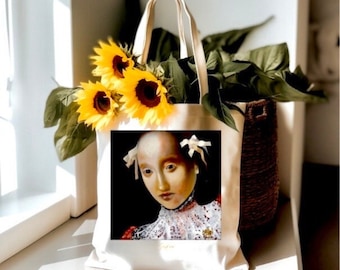 Johannes Vermeer inspired art on Cotton Canvas Tote Bag; Grocery Shopping, Beach, School, Travel, Lunch, Park, Kid, Hobby, Art lover present