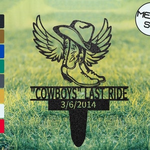 Sinal memorial de cowboy de metal, estacas de cowboy de anjo personalizadas, presente de dia dos pais, vida no rancho, marcador de túmulo de jardim, presente de simpatia de cowboy personalizado