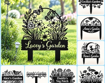 May include: A black metal garden sign featuring a cutout design of flowers and butterflies with the text Lacey's Garden. The collection includes various personalised signs with names like Cecilia's Garden, Anne's Garden, Rara's Garden, Alex's Garden, Grandy's Garden, Daddy's Veg Patch, and Mom's Garden.