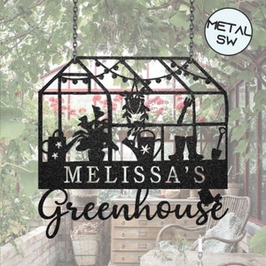 Letrero metálico personalizado para invernadero, letrero colgante personalizado para jardín, decoración de patio, letrero con nombre para invernadero, paleta de jardín, letrero de invernadero, regalo
