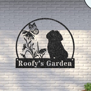 Mooi hondentuinbord voor bloemperk, gepersonaliseerde tuinpaal, naambord aangepaste tuin eigenaar, buitentuindecor, cadeau hondenliefhebber