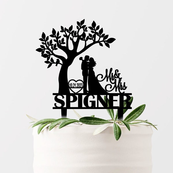 Décoration de gâteau de mariage en forme d'arbre, décoration de gâteau en acrylique s'embrassant sous l'arbre, décoration de gâteau de mariage rustique, décoration de gâteau de mariage avec arbre