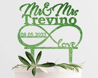 Símbolo del infinito Glitter/Acrílico Cake Topper-Múltiples opciones de color disponibles, Topper personalizado del pastel de boda del símbolo del infinito con nombre y fecha