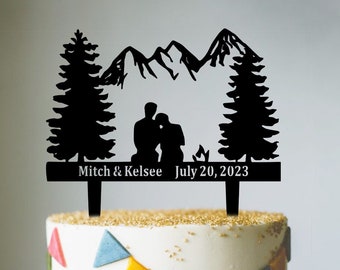 Mountain Wedding Cake Topper, Personalized Acrylic Woodland Wedding Cake Name Plate Plaque, Custom Name&Date Cake Topper, Forest Wedding