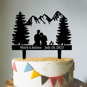 Mountain Wedding Cake Topper, Personalized Acrylic Woodland Wedding Cake Name Plate Plaque, Custom Name&Date Cake Topper, Forest Wedding