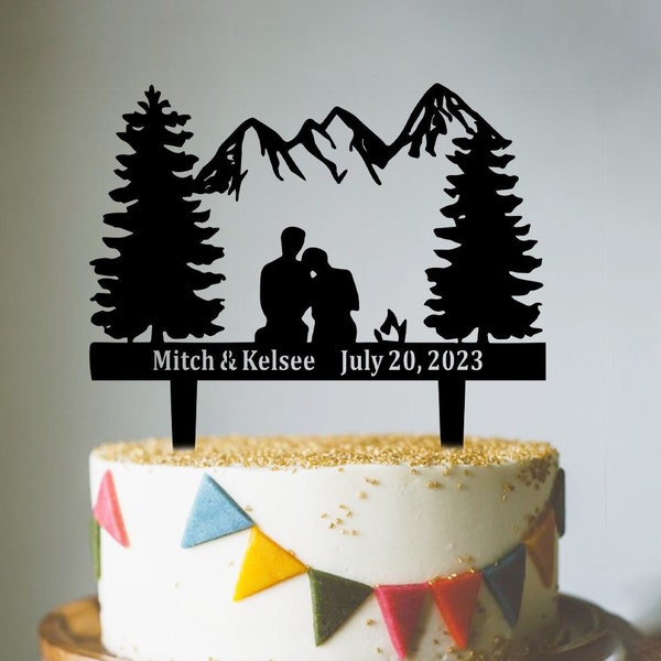 Topper de gâteau de mariage de montagne, plaque de plaque de nom de gâteau de mariage en bois acrylique personnalisée, nom personnalisé et topper de gâteau de date, mariage en forêt