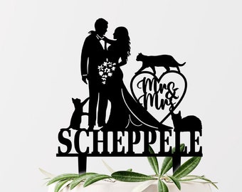 Wedding Cake Topper with 3 Cats,  Bride and Groom Last Name Cake Topper, Mr and Mrs Cake Topper, Cats cake toppers,  Heart Cake Topper