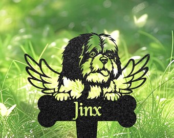 Marcador de tumba de perro Shih Tzu personalizado con alas de ángel, letrero de metal conmemorativo para jardín personalizado, lápida para mascotas al aire libre, decoración de parterres