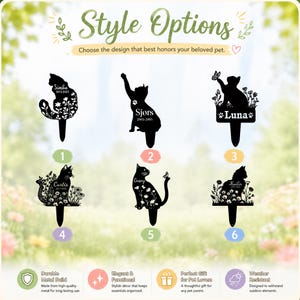 May include: Six black metal cat-shaped garden stakes labeled 1 through 6, featuring silhouettes of cats with floral, butterfly, and paw print cutouts. Each stake includes space for a name and dates, with text reading Style Options.