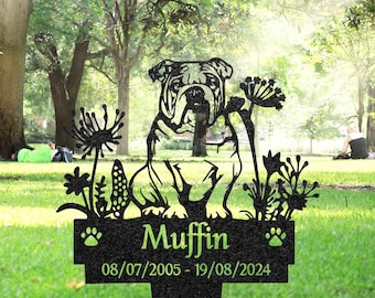 Targa commemorativa personalizzata per bulldog inglese, cartello in metallo personalizzato per cani, decorazione artistica per giardino, lapide per animali domestici, cartello commemorativo, regalo per la perdita di un animale domestico