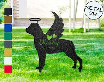 Metal Rottweiler with Angel Wings and Halo Pet Memorial Garden Stakes, Rottweiler Grave Marker, Graveyard Remembrance Graveside Sign
