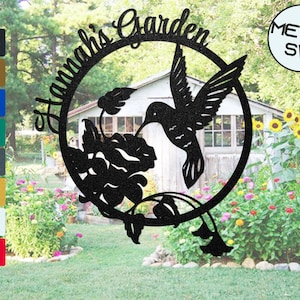 Custom Garden Entrance Plaque Sign, Metal Hanging Garden Sign, Round Sign Garden Wall Art, Hummingbird Sign Hibiscus Flower Sign Garden Gift
