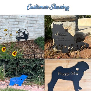 Pode incluir: Tr&ecirc;s silhuetas de metal para memorial de animais de estima&ccedil;&atilde;o com texto personalizado. A primeira silhueta &eacute; um gato com o texto "Presti Pellinator Patch". A segunda silhueta &eacute; um c&atilde;o com o texto "Diddlys 2014-2024 Welcome to my forever home". A terceira silhueta &eacute; um pug com o texto "Peggy-Stu".