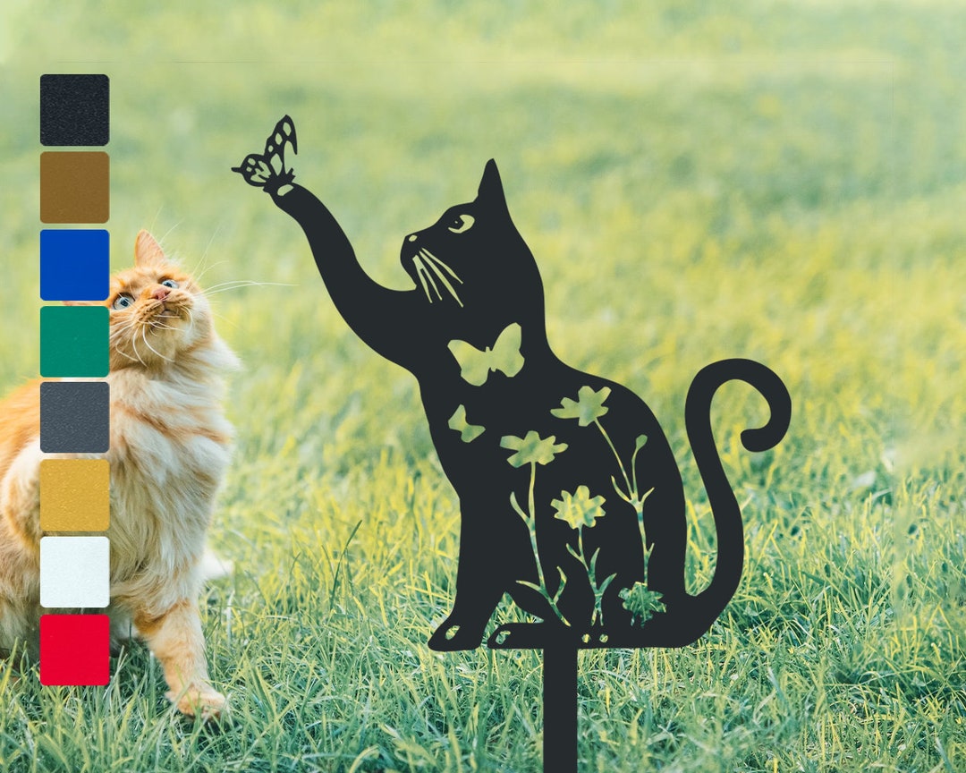 Metal Cat Stakes With Butterfly & Wildflower Decor Outdoor Garden Art