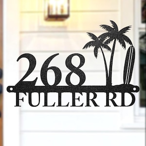 Personalized Surfer Address Sign, Custom Palm Tree Sign, House Number Sign, Beach House Address Plaque, Surfing Lover Gift,Housewarming Gift