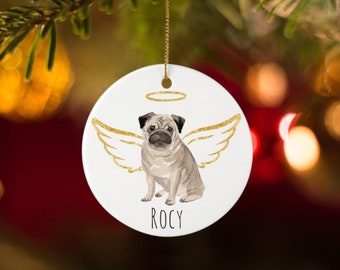Custom Pug Name Ornaments,  Angel Dog with Wings Ornament, Pug Memorial Plaque, Family Dog Remembrance Ornament, Dog Bereavement Gift