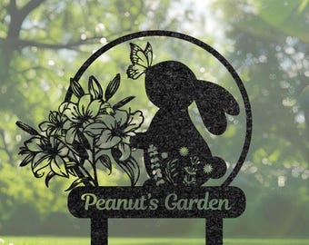 Personalized Floral Rabbit Garden Stake, Custom Bunny Memorial Yard Sign, Pet Loss Gift, Rabbit Lover Gift, Outdoor Garden Art, Patio Decor