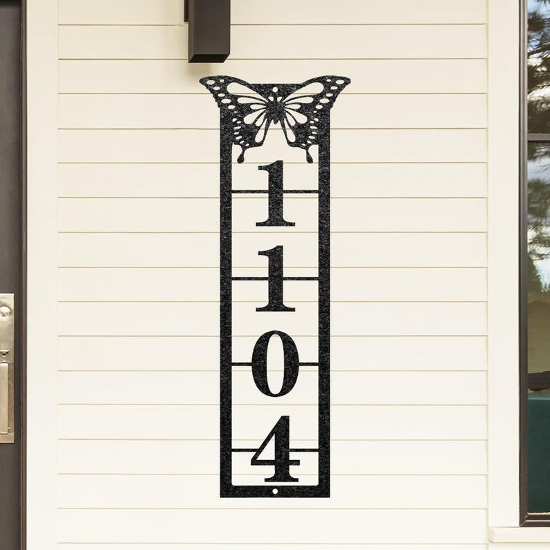 Custom Metal Address Sign With Butterfly, Vertical House Numbers Plaque ...