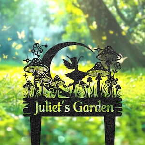 Paletto da giardino delle fate personalizzato, cartello da giardino in metallo a forma di fungo delle fate, regalo per il giardinaggio, arte in metallo per il giardino, decorazione da giardino per esterni