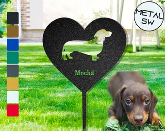 Benutzerdefinierte Dackel Gartenstecker, Dackel Gedenkplakette Geschenk Personalisierte Dackel Grabmarkierung, Hundeherzform-Gedenkrahmen