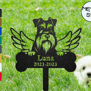 Custom Metal Mini Schnauzer Sign Stakes, Schnauzer Pass Away Gift, Family Dog Memorial Plaque, Dog Angel Wings Ornament, Dog Grave Marker