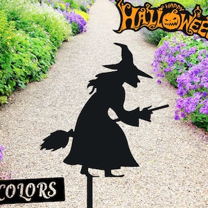 Halloween Decor, Black Witch Metal Stake, Halloween Sneaky Witch with Broomstick, Yard Art decor For Halloween, Scary Witches for Halloween