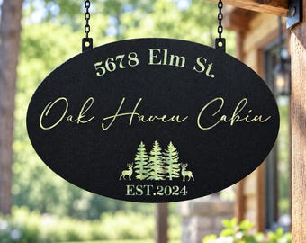 Personalized Cabin Address Sign, Custom Metal Hanging House Name Plaque, Oval Address Sign, Outdoor Cottage Decor, Housewarming Gift