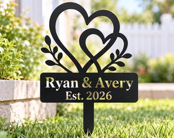 Personalized Couple Garden Stake, Custom Heart Metal Sign, Wedding Anniversary Gift, Outdoor Yard Decor, Romantic Couple Gift