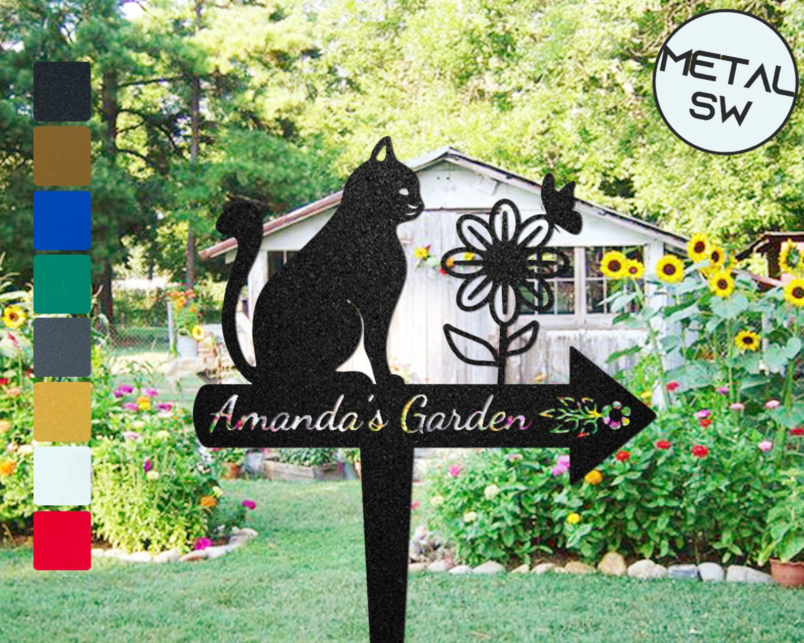 Custom Directional Signs, Garden Markers With Cat and Flower Butterfly ...