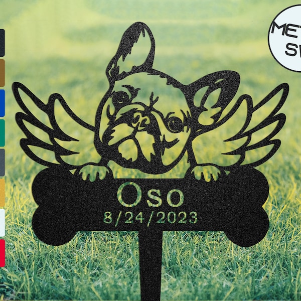 Gepersonaliseerde metalen Franse Bulldog Memorial Plaque begrafenisstaak, huisdier met engelenvleugels Franse Bulldog Grave Marker Familiehond Pass Away Gift