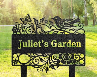 Placa de nome de jardim personalizada, decoração personalizada para jardim de flores, placa de metal para jardim com pássaros, placa de gramado com estaca, decoração para jardim com borboletas, presente para casa