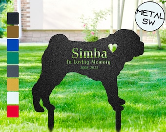 May include: Black metal silhouette of a dog with the name Simba and the text "In Loving Memory 2008-2025" and a heart. The silhouette is on a green grass background.