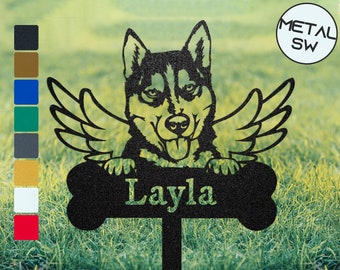 In Loving Memory Husky Memorial Plaque Burial Stake, Pet with Angel Wings Metal Garden Stakes Family Dog Grave Marker Custom Cemetery Sign