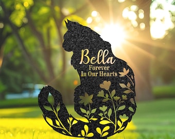 Palo funerario commemorativo personalizzato a forma di gatto Ragdoll, cartello da giardino personalizzato a forma di gatto a pelo lungo, lapide in metallo per gatti, cartello inciso a forma di gatto per esterni