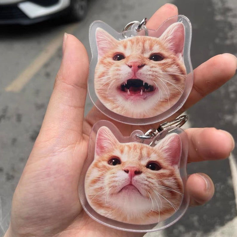 May include: Two clear plastic keyrings featuring printed orange tabby cat faces. The cat on the top keyring is looking upwards with its mouth open, while the cat on the bottom keyring is looking straight ahead with its mouth closed.