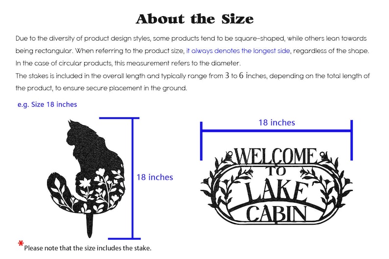 Puede incluir: Dos ejemplos de letreros de jard&iacute;n de metal, cada uno con una longitud de 18 pulgadas. El primer letrero presenta una silueta negra de un gato con detalles florales. El segundo letrero dice "Bienvenido a Lake Cabin" con un dise&ntilde;o floral alrededor del texto.