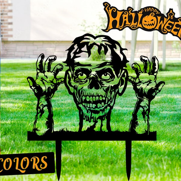 Halloween Zombie Decor, Black Matal Zombie Lawn Stakes,Halloween Decaying Zombie Skull & Hands Sign Decor Stakes for Halloween Theme Party