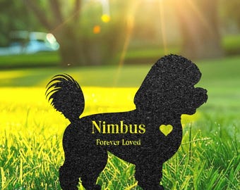 Estaca conmemorativa de bichón frisé, letrero de metal personalizado para jardín, marcador de tumba de mascota, letrero con nombre grabado, estaca de entierro para perros al aire libre, regalo por la pérdida de un perro