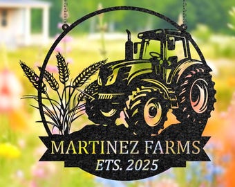 Cartello in metallo personalizzato con trattore agricolo, targa personalizzata con nome della fattoria, arredamento rustico per fattoria, cartello con trattore da fienile, regalo per contadino, regalo per conducente di trattore