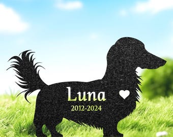 Kundenspezifische langhaariger Dachshund-Denkmal-Skulptur, Dachshund-Silhouette-Rasenverzierung, personalisierte Hundegrabmarkierung, Gartendekor, Haustierverlust
