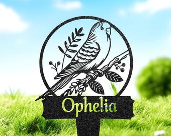 Personalized Budgie Bird Memorial Stake, Bird Grave Marker with Flowers, Custom Pet Cemetery Metal Stake, Bird Garden Decor, Loss of Pet