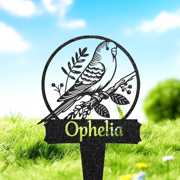 Personalized Budgie Bird Memorial Stake, Bird Grave Marker with Flowers, Custom Pet Cemetery Metal Stake, Bird Garden Decor, Loss of Pet