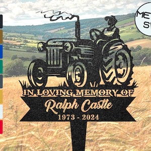 Pode incluir: Silhueta preta de metal de um trator com uma pessoa no assento do motorista. O trator tem uma coluna de fumaça saindo do tubo de escape. A silhueta está sobre um fundo preto com o texto "IN LOVING MEMORY OF Ralph Castle 1973 - 2024" em branco.