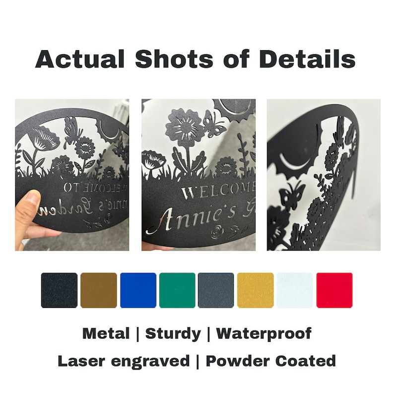 May include: A black metal garden sign featuring a laser-cut design of flowers, butterflies, and a sun. The text reads "WELCOME" and "Annie's Garden". Below the sign are eight color swatches in black, bronze, blue, green, grey, gold, white, and red.
