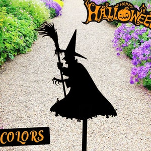 Spooky Halloween Yard Decor, Witch with Broomstick Metal Garden Decor Pointy Hat Witch Garden Sign Stakes, Halloween Sign Outdoor Decor
